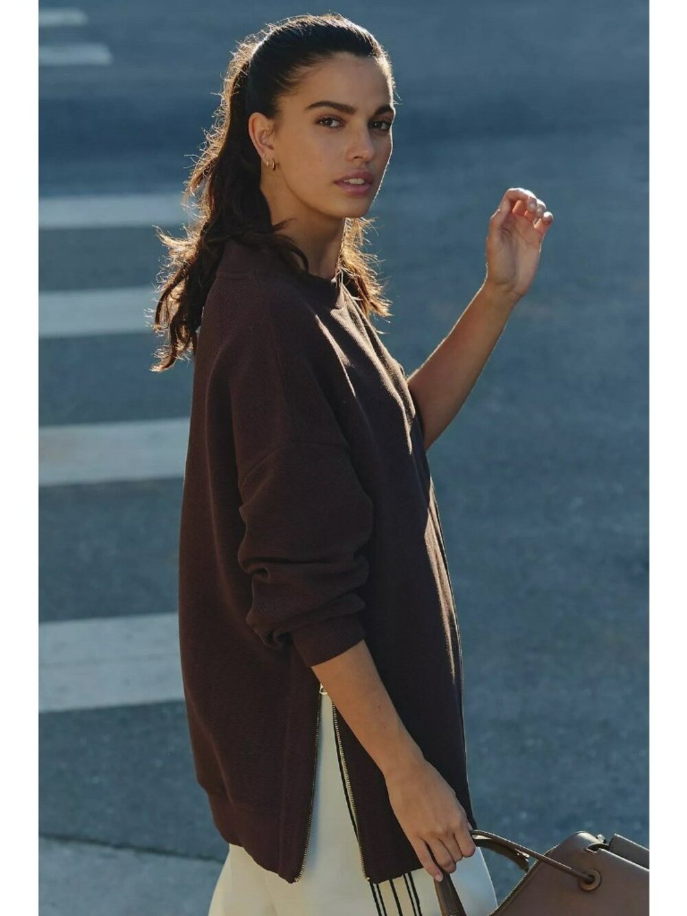 $148 Varley Mae Boyfriend Sweatshirt Pullover Chocolate Brown size XS Oversized